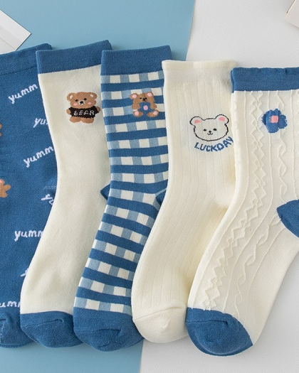 Cartoon Cute Bear Blue Plaid Socks