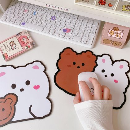 Kawaii Desk Mat with Cute Bear, Bunny & Puppy – Non-Slip Waterproof Mouse Pad